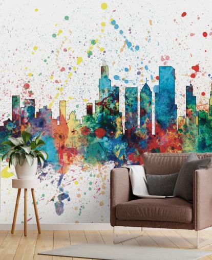 Chicago skyline wall mural with paint splatter effect
