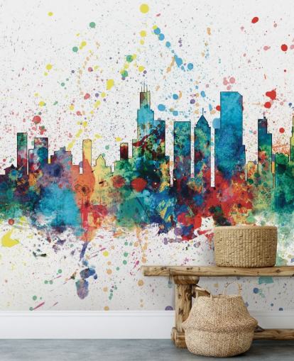 Mural de pared del horizonte de Chicago con efecto de salpicaduras de pintura