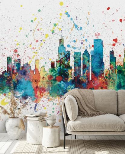 Muurschildering van de skyline van Chicago met verfspettereffect