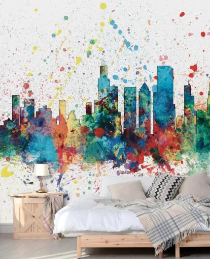 Muurschildering van de skyline van Chicago met verfspettereffect