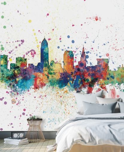 fargerikt abstrakt Cleveland, Ohio Skyline Veggmaleri av Michael Tompsett