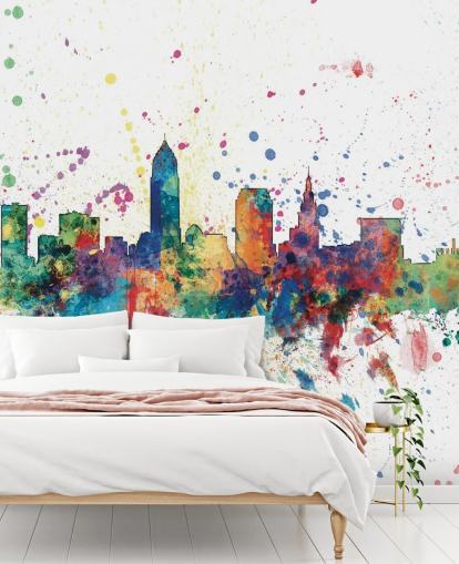 kleurrijke abstracte Cleveland, Ohio Skyline-muurschildering van Michael Tompsett