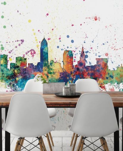 farbenfrohes abstraktes Skyline-Wandbild von Cleveland, Ohio von Michael Tompsett