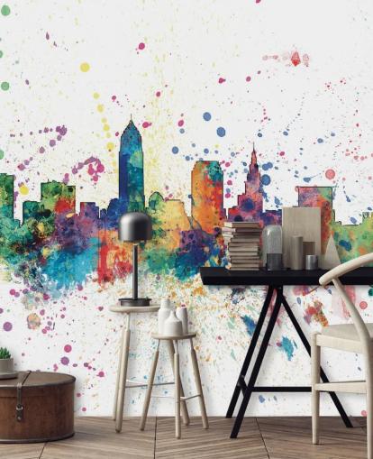colourful abstract Cleveland, Ohio Skyline Mural by Michael Tompsett