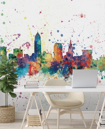 mural abstrato colorido do horizonte de Cleveland, Ohio, de Michael Tompsett