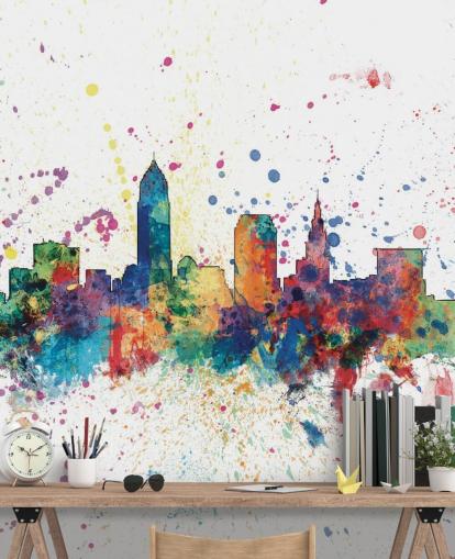 färgglad abstrakt Cleveland, Ohio Skyline Väggmålning av Michael Tompsett