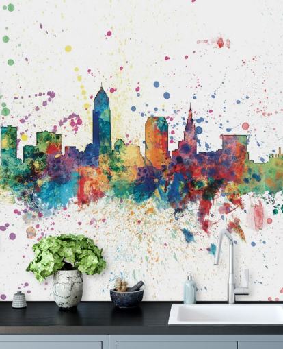 fargerikt abstrakt Cleveland, Ohio Skyline Veggmaleri av Michael Tompsett fargerikt abstrakt Cleveland, Ohio Skyline Veggmaleri av Michael Tompsett