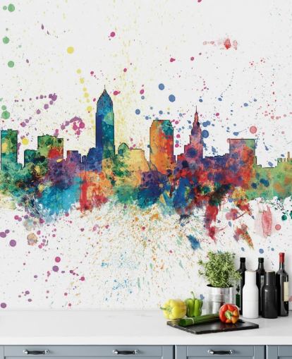 colorful abstract Cleveland, Ohio Skyline Mural by Michael Tompsett
