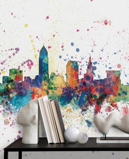 fargerikt abstrakt Cleveland, Ohio Skyline Veggmaleri av Michael Tompsett