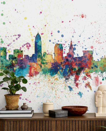 Colorido mural abstracto del horizonte de Cleveland, Ohio, de Michael Tompsett