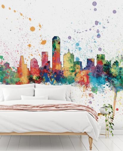 farverigt abstrakt Dallas, Texas Skyline vægmaleri af Michael Tompsett