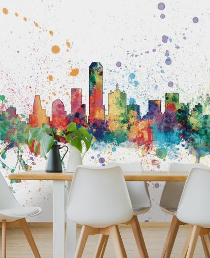 farverigt abstrakt Dallas, Texas Skyline vægmaleri af Michael Tompsett