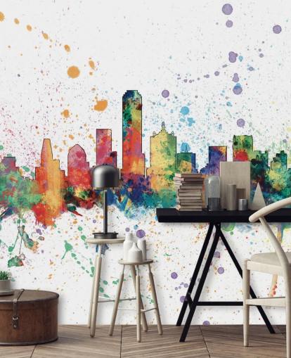 Colorido mural abstracto del horizonte de Dallas, Texas, de Michael Tompsett Colorido mural abstracto del horizonte de Dallas, Texas, de Michael Tompsett