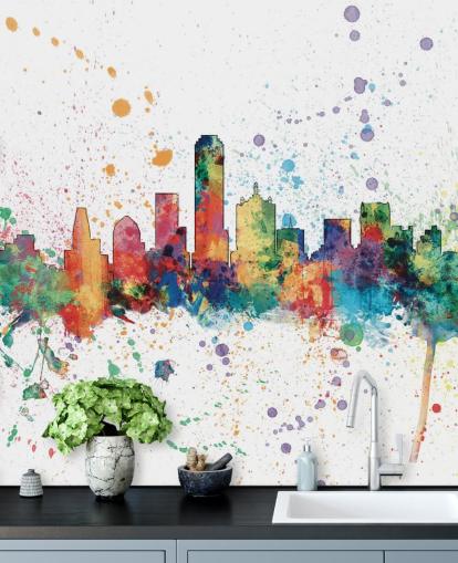 Colorido mural abstracto del horizonte de Dallas, Texas, de Michael Tompsett
