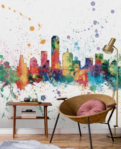 mural abstrato colorido do horizonte de Dallas, Texas, de Michael Tompsett