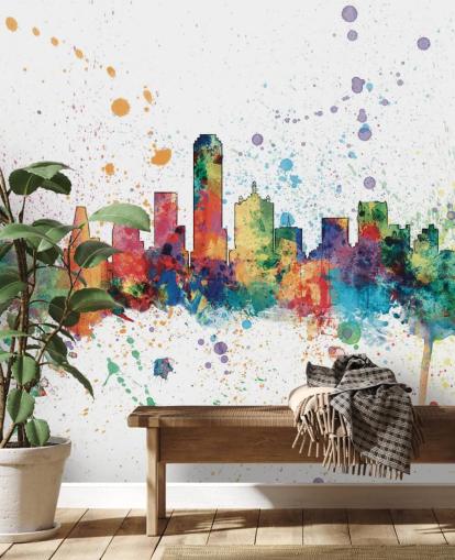 colorful abstract Dallas, Texas Skyline Mural by Michael Tompsett
