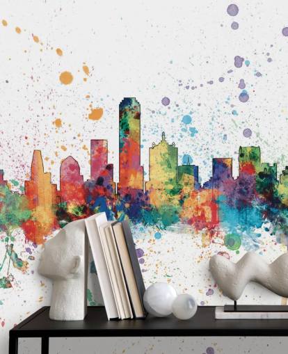colorful abstract Dallas, Texas Skyline Mural by Michael Tompsett colorful abstract Dallas, Texas Skyline Mural by Michael Tompsett