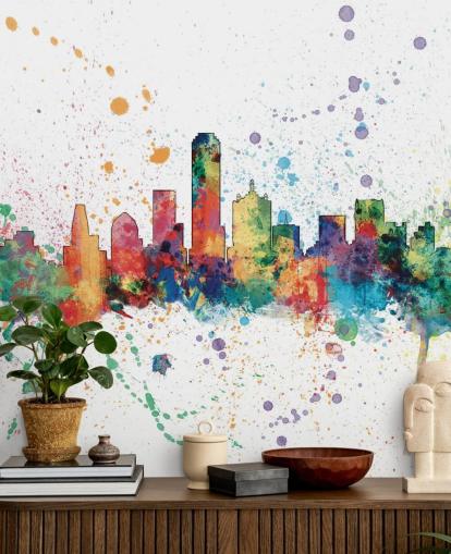 farverigt abstrakt Dallas, Texas Skyline vægmaleri af Michael Tompsett