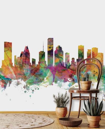 mural de pared colorido del horizonte de Houston, Texas