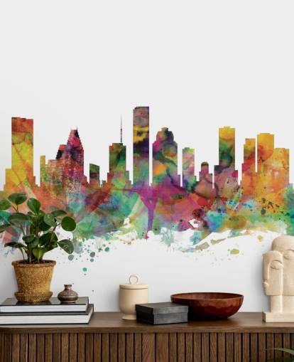 mural de pared colorido del horizonte de Houston, Texas