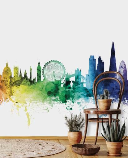 London, England Skyline Mural with watercolors