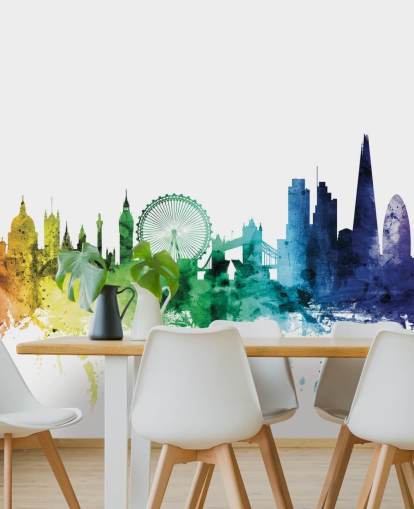 Skyline muurschildering van Londen, Engeland met aquarellen Skyline muurschildering van Londen, Engeland met aquarellen