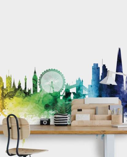 Skyline muurschildering van Londen, Engeland met aquarellen