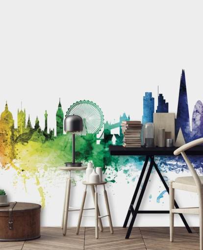 Skyline muurschildering van Londen, Engeland met aquarellen Skyline muurschildering van Londen, Engeland met aquarellen