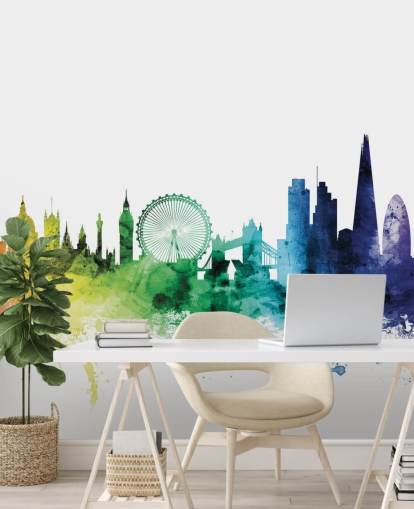 London, England Skyline Mural with watercolors