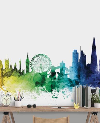 Decorazione murale con skyline di Londra, Inghilterra, con acquerelli