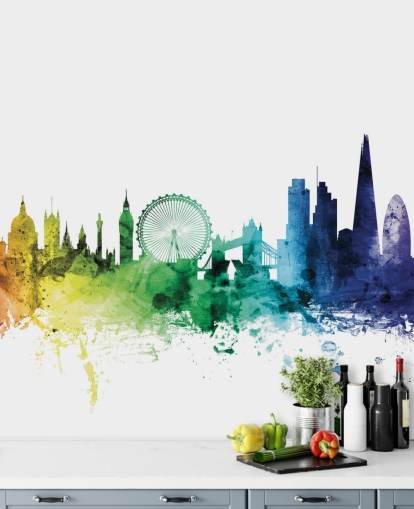 Skyline muurschildering van Londen, Engeland met aquarellen Skyline muurschildering van Londen, Engeland met aquarellen