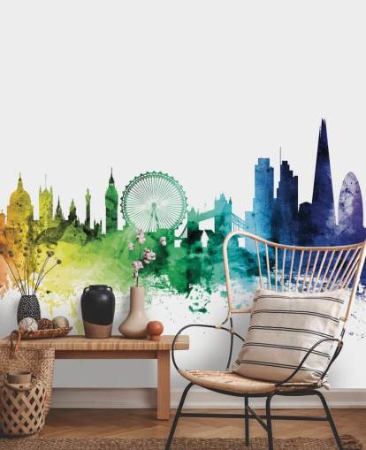 Skyline muurschildering van Londen, Engeland met aquarellen