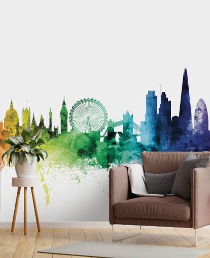 Skyline muurschildering van Londen, Engeland met aquarellen