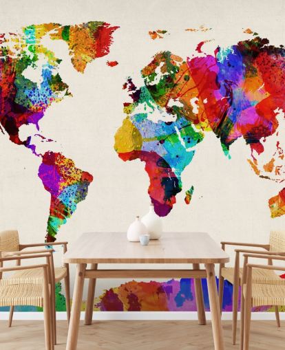 map of the world colourful abstract painting wallpaper mural