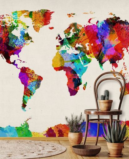 kart over verden fargerikt abstrakt maleri tapet veggmaleri