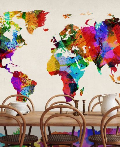 mapa do mundo, pintura abstrata colorida, papel de parede, mural