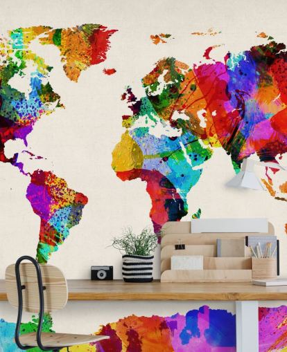 map of the world colorful abstract painting wallpaper mural