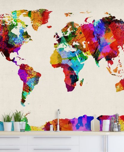map of the world colorful abstract painting wallpaper mural