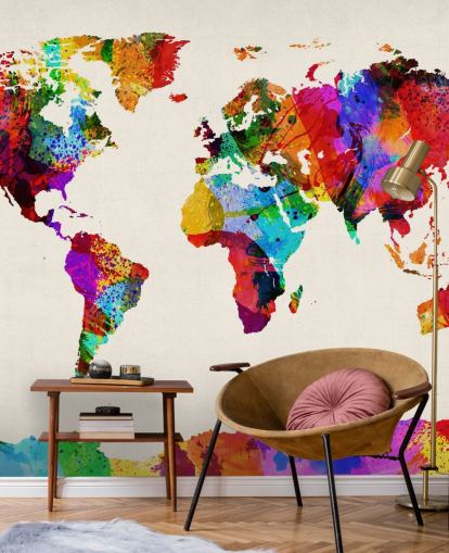 map of the world colourful abstract painting wallpaper mural