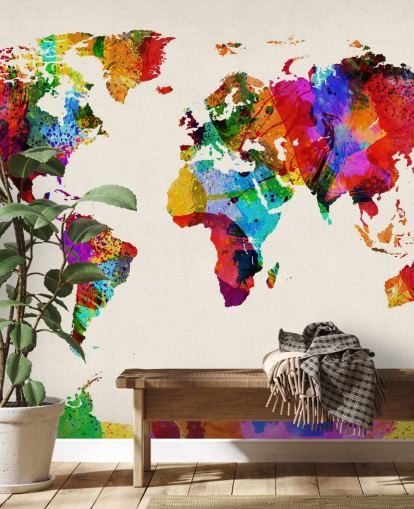 mapa do mundo, pintura abstrata colorida, papel de parede, mural