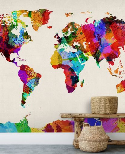 map of the world colourful abstract painting wallpaper mural