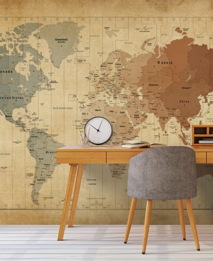 mural de pared vintage con un mapa del mundo llamado Map Of The World III de Michael Tompsett mural de pared vintage con un mapa del mundo llamado Map Of The World III de Michael Tompsett