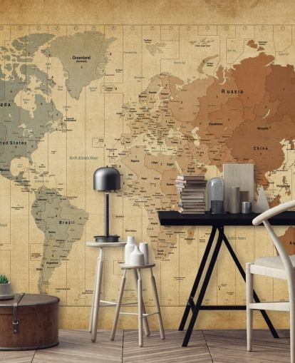 murale vintage con mappa del mondo chiamato Map Of The World III di Michael Tompsett