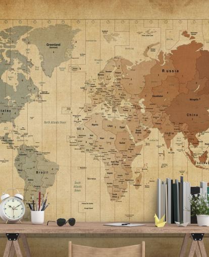 vintage world map wall mural called Map Of The World III by Michael Tompsett
