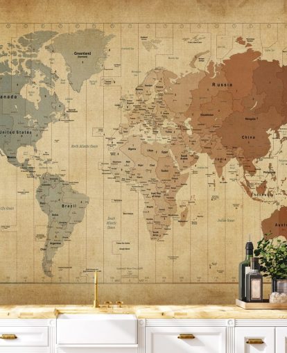 vintage world map wall mural called Map Of The World III by Michael Tompsett