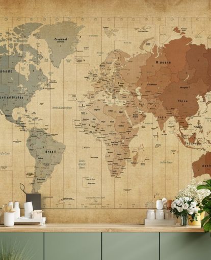 mural de pared vintage con un mapa del mundo llamado Map Of The World III de Michael Tompsett mural de pared vintage con un mapa del mundo llamado Map Of The World III de Michael Tompsett