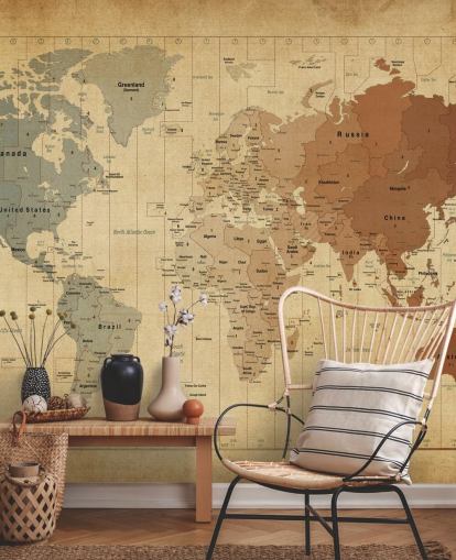 vintage world map wall mural called Map Of The World III by Michael Tompsett