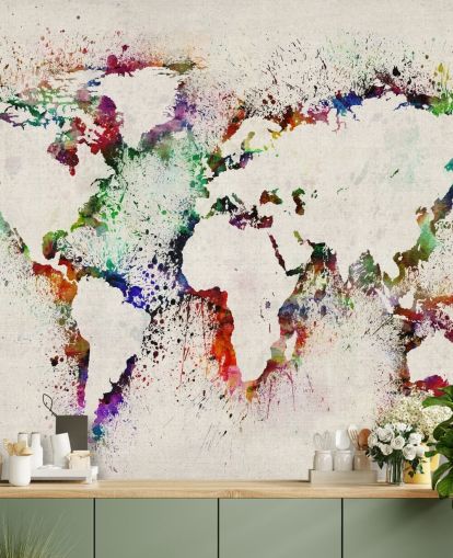 peinture murale avec éclaboussures de peinture sur la carte du monde