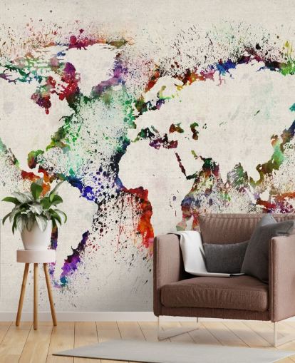 map of the world wall mural paint splashes