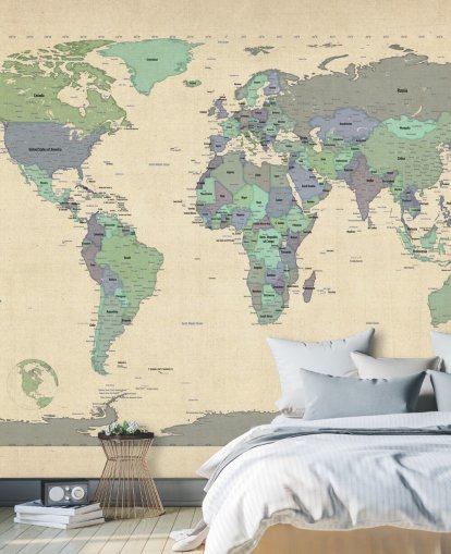 blue and green world map mural
